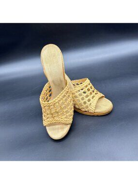 Vintage Woven Straw Peep Toe Mule Heels 1970s Boho Summer Shoes Size 7.5 READ